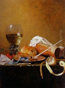 A Roemer, An Upturned Flagon, A Pewter Plate, A Clay Pipe And Other Objects On A Draped Ledge by Jan Davidsz De Heem