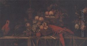 Basket Of Grapes And Apples, With Other Fruit, Lobster, Vase Of Flowers, Cup And Cover, And A Maccaw On A Table by Jan Davidsz De Heem