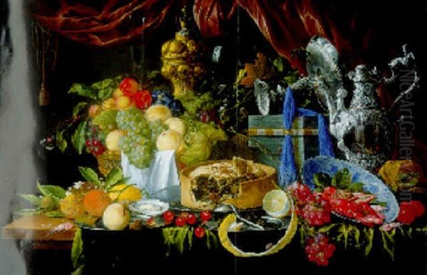 Pie On Pewter Plate, Peeled Lemon And Silver Spoon On Another, Seafood, Fruit And Other Objects On A Table - view 1