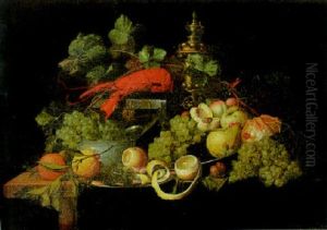 Grapes In A Bowl, Lobster On A Casket, Other Fruit About, Overturned Roemer On A Draped Table