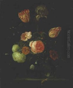 Flowers In A Glass Vase On A Ledge by Jan Davidsz De Heem