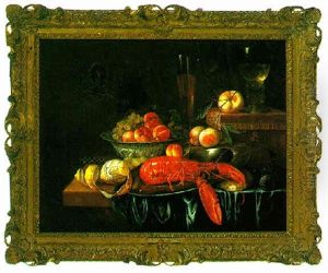 Still Life Of A Lobster On A Pewter Platter, Fruits In A Porcelain Bowl, A Wine Glass And A Roemer