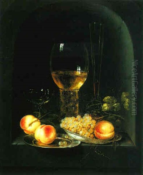 Still Life Of A Roemer With A Flute, Wineglass, And Peaches And Grapes On Porcelain And Pewter Dishes In A Stone Niche - view 1
