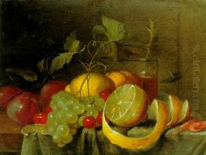 A Peeled Lemon, Plums And Other Fruit On A Partly Draped Table