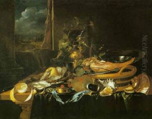 A Pronk Still Life With An Ox Tongue, A Silver Dish, A Peeled Lemon And Other Items All Upon A Draped Table, A Landscape Beyond