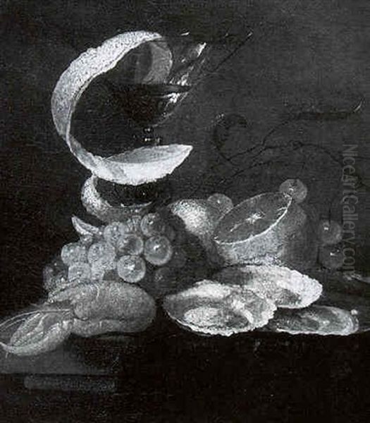 Still Life Of A Glass Of Wine With A Lemon Peel, Grapes, A Langoustine, Lemons, Cherries And Oysters On A Pewter Plate, All On A Draped Ledge - view 1