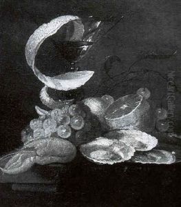 Still Life Of A Glass Of Wine With A Lemon Peel, Grapes, A Langoustine, Lemons, Cherries And Oysters On A Pewter Plate, All On A Draped Ledge