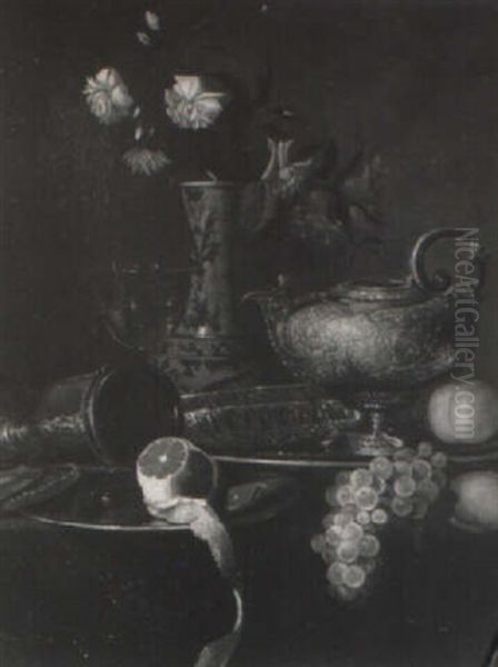 A Draped Table With A Salver, A Peeled Lemon, Grapes And Flowers In A Vase - view 1