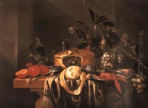 A Roemer, A Cake, Shrimps And A Langoustine On Pewter Plates