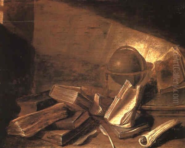 Books, Manuscripts, A Globe, An Inkwell And A Quill On A Table - view 1