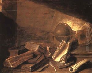 Books, Manuscripts, A Globe, An Inkwell And A Quill On A Table