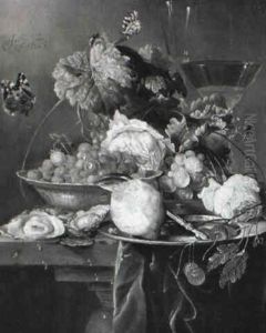 Still Life Of Oysters, Fruit And Wine Glass by Jan Davidsz De Heem