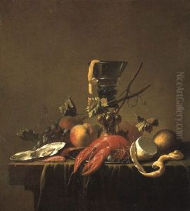 Still Life With Seafood, Fruit And A Roemer On A Draped Table by Jan Davidsz De Heem