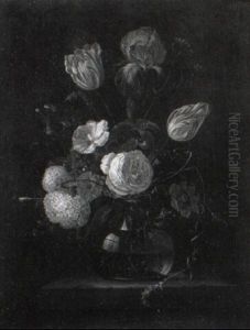 Pink Roses And Other Flowers In A Glass Vase On A Ledge by Jan Davidsz De Heem