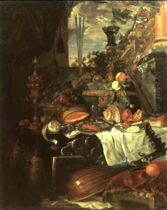 Still Life With A Glass, Stand, Basket And Bread On A Draped Table by Jan Davidsz De Heem