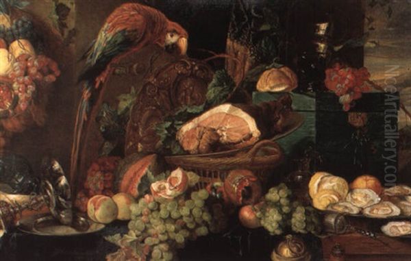 Fruit Still Life With Macaw On A Draped Ledge - view 1