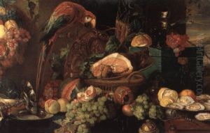 Fruit Still Life With Macaw On A Draped Ledge by Jan Davidsz De Heem