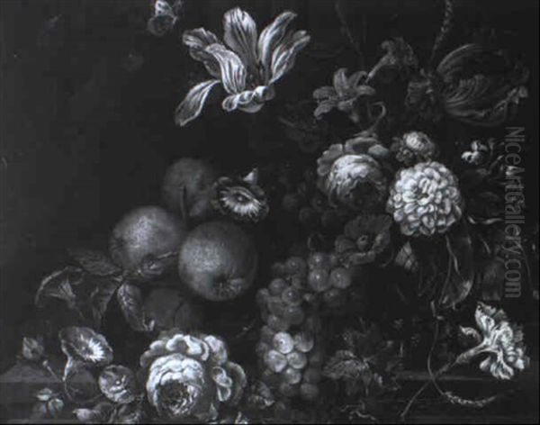 Still Life Of Fruit And Flowers On Stone Ledge - view 1