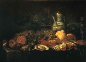 Grapes, Lemons, Cherries, A Pomegranite, Oysters, Crabs And A Ewer On A Draped Ledge