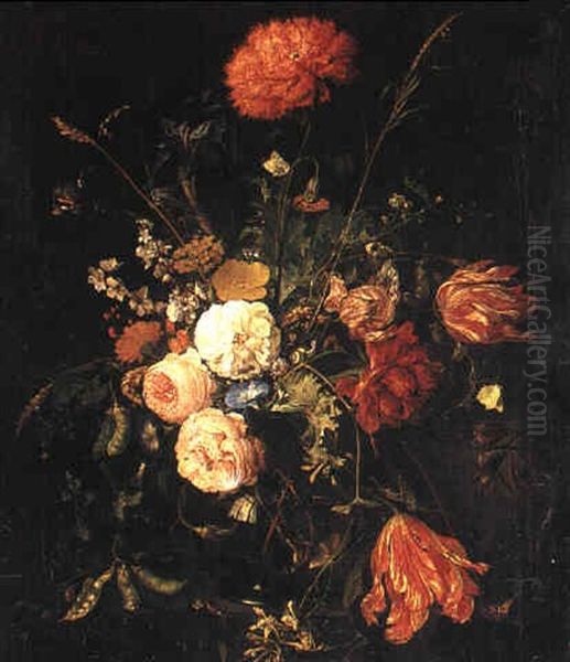 Still Life Of Roses, Tulips, Carnations, Irises, Corn And Sweet Peas In A Vase - view 1