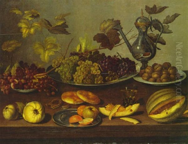 Still Life With Grapes And Walnuts On Plates, An Orange And An Apple On A Plate... - view 1