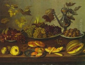 Still Life With Grapes And Walnuts On Plates, An Orange And An Apple On A Plate... by Jan Davidsz De Heem