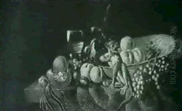 Still Life Of Fruit With A Blue And White Bowl And A Monkey - view 1