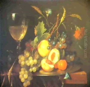Still Life Of A Wine Glass With Fruit On A Pewter Dish      Arranged On A Ledge by Jan Davidsz De Heem
