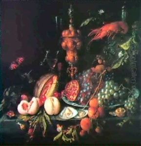 Plums, Peaches, A Cut Melon, Mulberries, Cherries, An Open  Walnut, Two Oysters And Some Oyster Shells On A Stone Table by Jan Davidsz De Heem