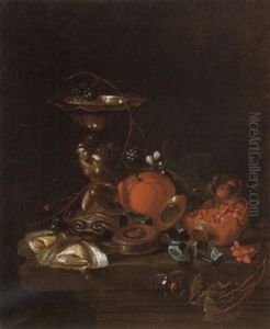 A Still Life Of An Orange A Pomegranate Oysters A Watch     And A Salt On A Ledge