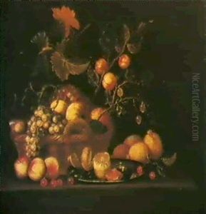 Fruit In A Basket, A Peeled Lemon And A Slice Of Orange On A Pewter Plate With Peaches, Cherries And Lemons On A Ledge by Jan Davidsz De Heem