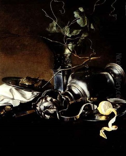 Still Life Of An Overturned Silver Tankard, A Glass Of Wine And Other Objects On A Draped Table` - view 1