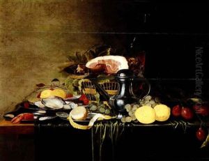 Still Life Of A Pewter Jan Steen Jug, A Crayfish And        Three Shrimp, A Ham On A Wovenbasket And Lemons And Plums by Jan Davidsz De Heem