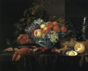 Peaches And Grapes In A Bowl, Crayfish And Other Food On A Draped Table by Jan Davidsz De Heem