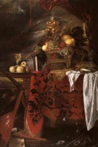 An Elaborate Still Life Of A Basket Of Fruit On A Ledge Draped With A Carpet, A Landscape Beyond by Jan Davidsz De Heem