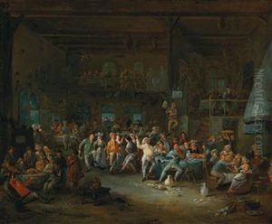 Tavern Interior With Merry Making Peasants by Egbert Van Heemskerck