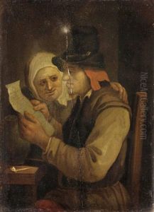 Lesender Bauer Mit Seiner Frau In Stube by Egbert Van Heemskerck