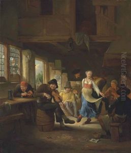 A Tavern Interior With A Woman Dancing, Musicians And Other Figures Merrymaking by Egbert Van Heemskerck