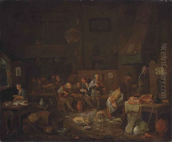 Peasants Smoking And Making Merry In A Kitchen Interior - view 1