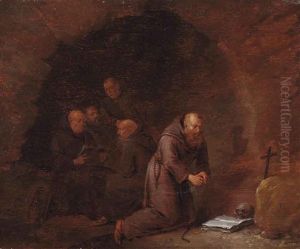 A Group Of Hermit Monks In A Grotto by Egbert Van Heemskerck