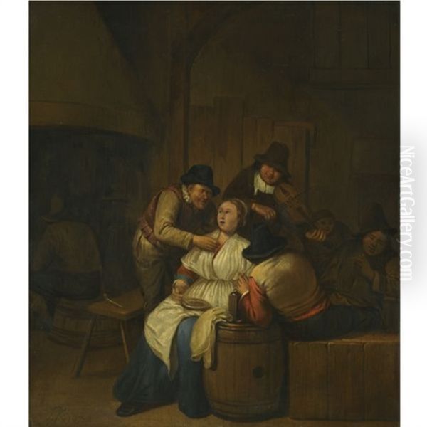 A Tavern Interior With Two Peasants Making Advances On A Maid, With Figures Making Music Beyond - view 1