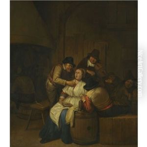 A Tavern Interior With Two Peasants Making Advances On A Maid, With Figures Making Music Beyond