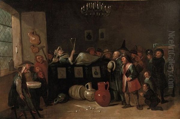 Smoking And Drinking Boors Paying Tribute To A Peasant Woman On Her Death Bed Holding A Large Glass: An Allegory Of The Effects Of Alcohol And Tobacco - view 1