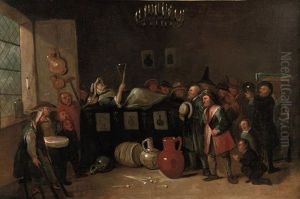 Smoking And Drinking Boors Paying Tribute To A Peasant Woman On Her Death Bed Holding A Large Glass: An Allegory Of The Effects Of Alcohol And Tobacco