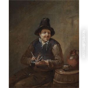 A Peasant Filling His Pipe, Sitting Next To A Barrel