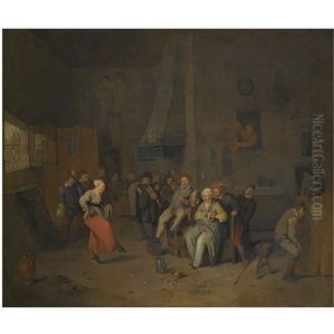 An Interior With Inebriated Villagers Making Merry