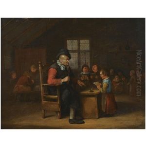A Schoolroom Interior With A Teacher Seated Behind A Desk, A Young Girl Reading, Other Pupils In The Background by Egbert Van Heemskerck