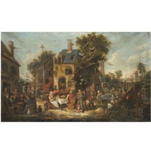 An Outdoor Scene With Villagers Joyously Revelling Outside The Wild Swan Tavern by Egbert Van Heemskerck
