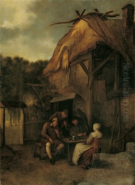 Drei Bauern Und Eine Frau Vor Einem Haus Sitzend - view 1