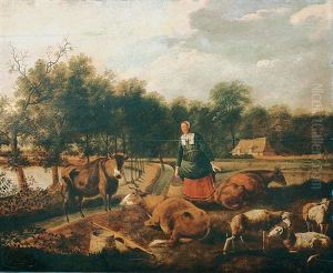 Bauersfrau Mit Kuhen Und Schafen Bei Einem Gewasser